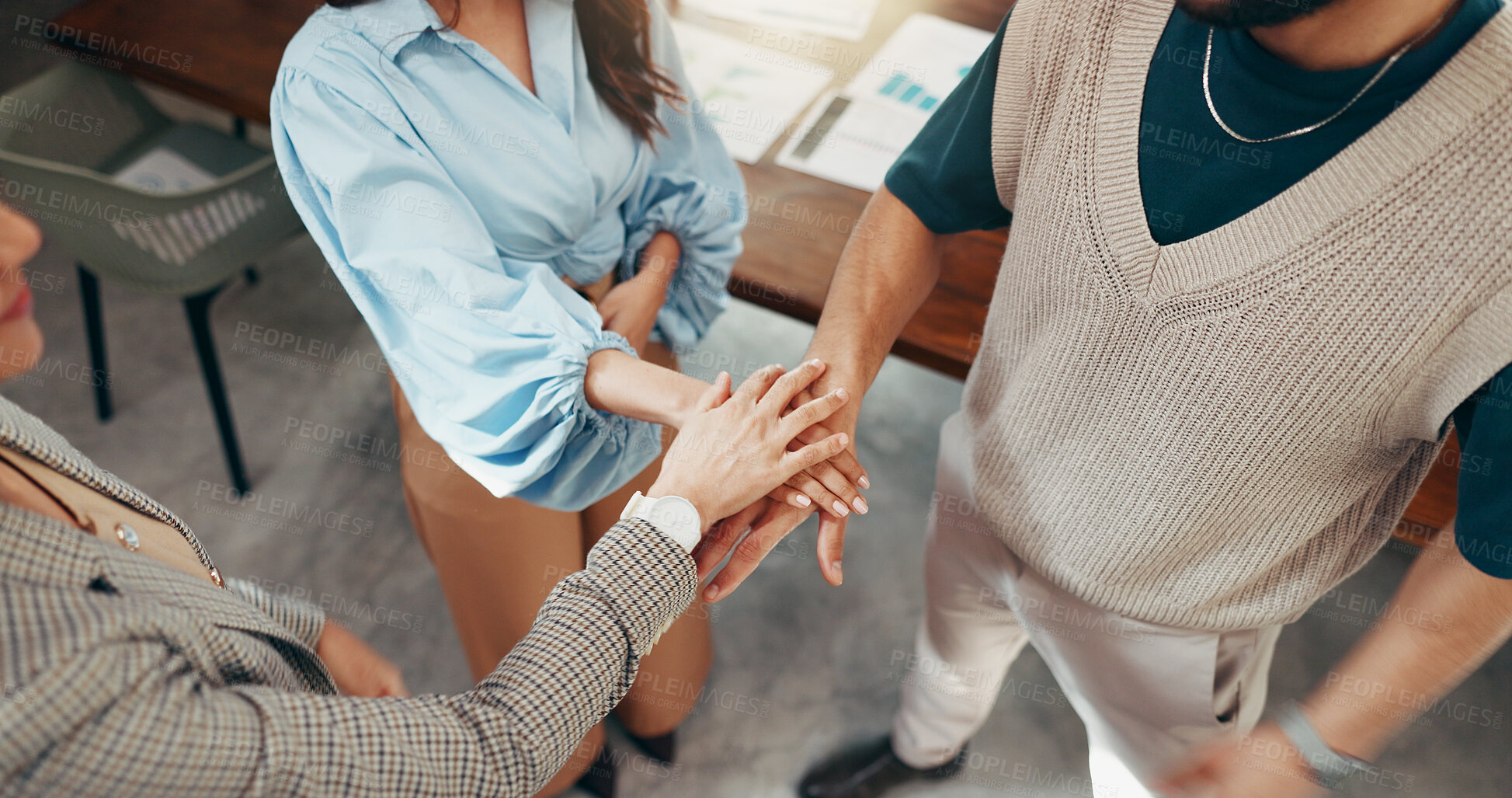 Buy stock photo Hands, stack and team at office in circle, support or synergy with motivation in huddle at startup. People, group and above at workplace for celebration, success and collaboration at creative agency