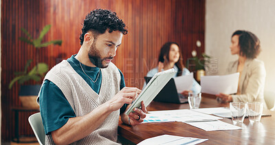 Buy stock photo Meeting, tablet and business man in office for planning, project research and financial report. Startup, finance team and person on tech with documents for online proposal, sales review and feedback