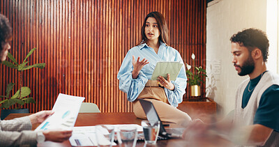 Buy stock photo Discussion, tablet and business people in office with creative project in collaboration for publishing. Meeting, laptop and editor group with documents for feedback, review or advice in workplace