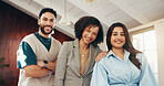 Portrait, business and people with smile in office for career pride, about us and media agency. Staff, confidence and creative team for solidarity, employees support and leadership for publication