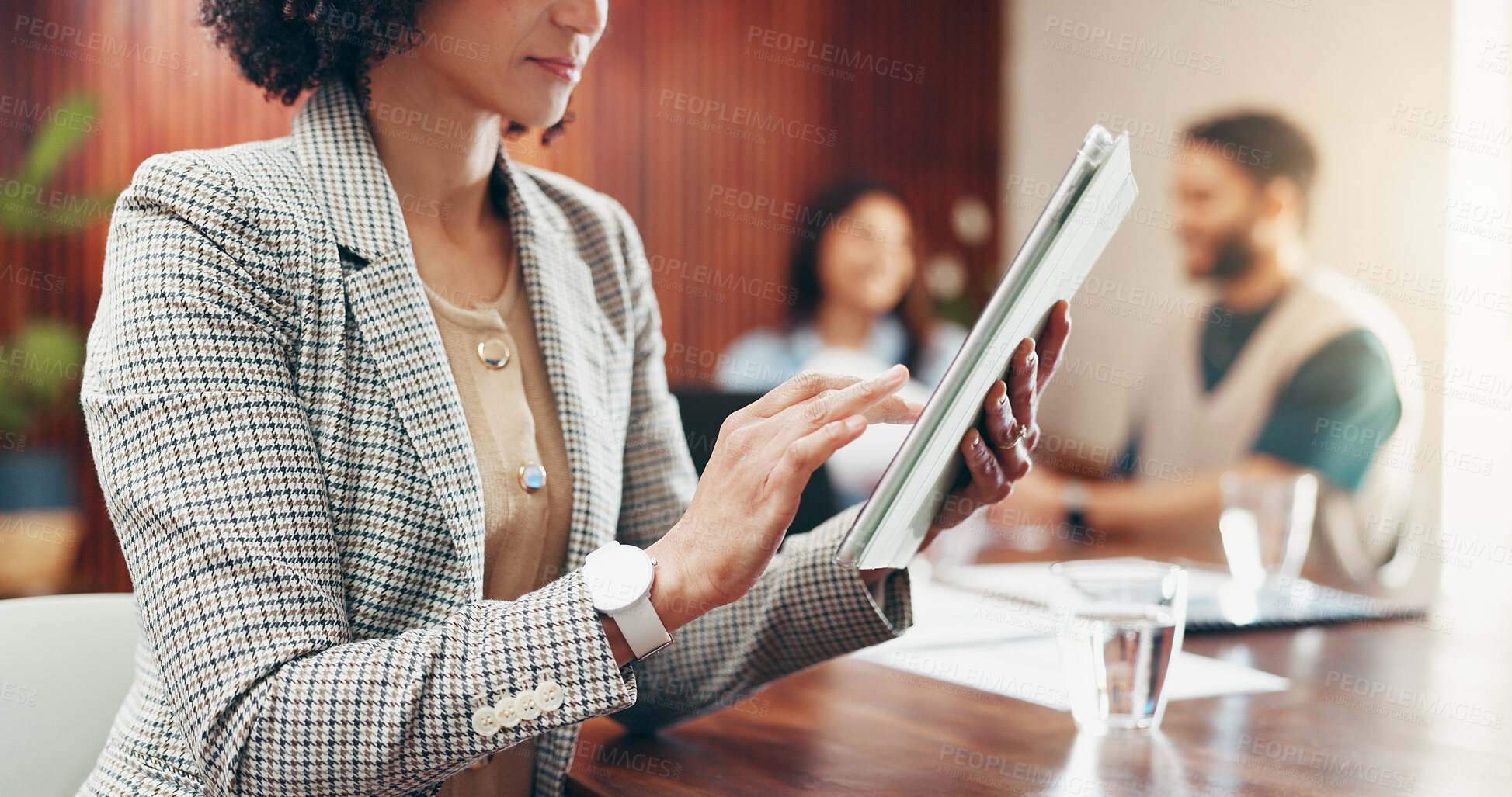 Buy stock photo Team, tablet and hands of business woman in office for planning, project research and meeting notes. Startup, creative and workers on digital tech for online proposal, website review and feedback