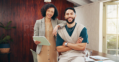 Buy stock photo Interior designer, team and portrait with partnership in office for renovation contract, deal and support. Creative people, documents and staff with technology for design proposal pitch or offer