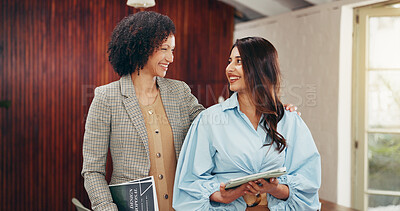 Buy stock photo Interior designer, women and smile with partnership in office for renovation contract, deal and support. Creative people, documents and staff with technology for design proposal pitch or offer