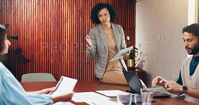 Buy stock photo Meeting, tablet and business people in office with creative team in project collaboration for publishing. Discussion, laptop and editor group with documents for feedback, review or workplace advice