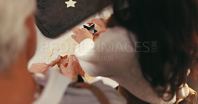 Buy stock photo Grandma, child and hands with cookie cutter in kitchen for baking or star shape dessert in home. Top view, senior woman and helpful kid with culinary skill or dough for sweet snack together in house