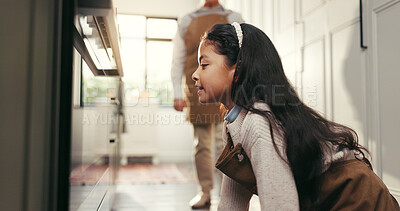 Buy stock photo Baking, excited and woman with girl by oven to check cookies, biscuits and cake in kitchen. Family, weekend and happy grandmother with child in home for bonding, waiting and learning recipe together