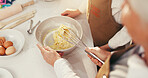 Baking, bowl and hands of people in kitchen together to mix cake batter or dough from above. Cooking, ingredients and whisk with family in apartment for learning how to bake or prepare pastry recipe