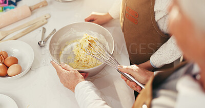 Buy stock photo Baking, bowl and hands of people in kitchen together to mix cake batter or dough from above. Cooking, ingredients and whisk with family in apartment for learning how to bake or prepare pastry recipe