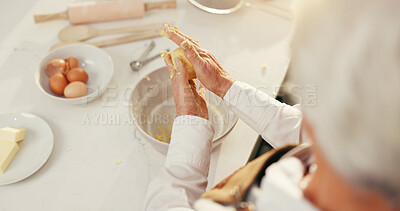 Buy stock photo Hands, senior woman and baking with dough in kitchen for pastry, recipe or dessert preparation above. Cooking, home and person with ingredients for food, kneading and mixing process for texture