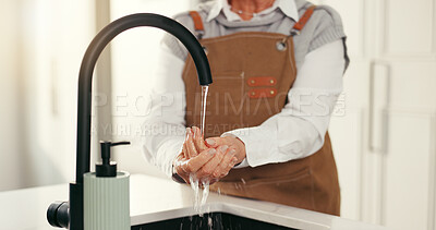 Buy stock photo Washing hands, home and woman in kitchen, hygiene and cleaning with faucet, remove bacteria and water. Apartment, safety and elderly person with tap, wellness or germ prevention with liquid or splash