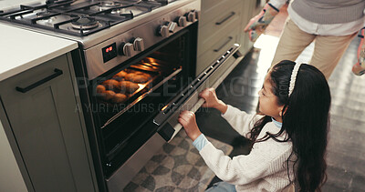 Buy stock photo Baking, happy and grandmother with child by oven to check cookies, biscuits and cake in kitchen. Family, above and senior woman with girl in home for bonding, waiting and learning recipe together