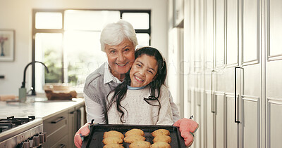 Buy stock photo Happy grandma, grandchild or portrait with cookies for baking recipe or teamwork in kitchen. Grandmother, grandkid and smile with oven tray for dessert, culinary lesson or bonding together in house