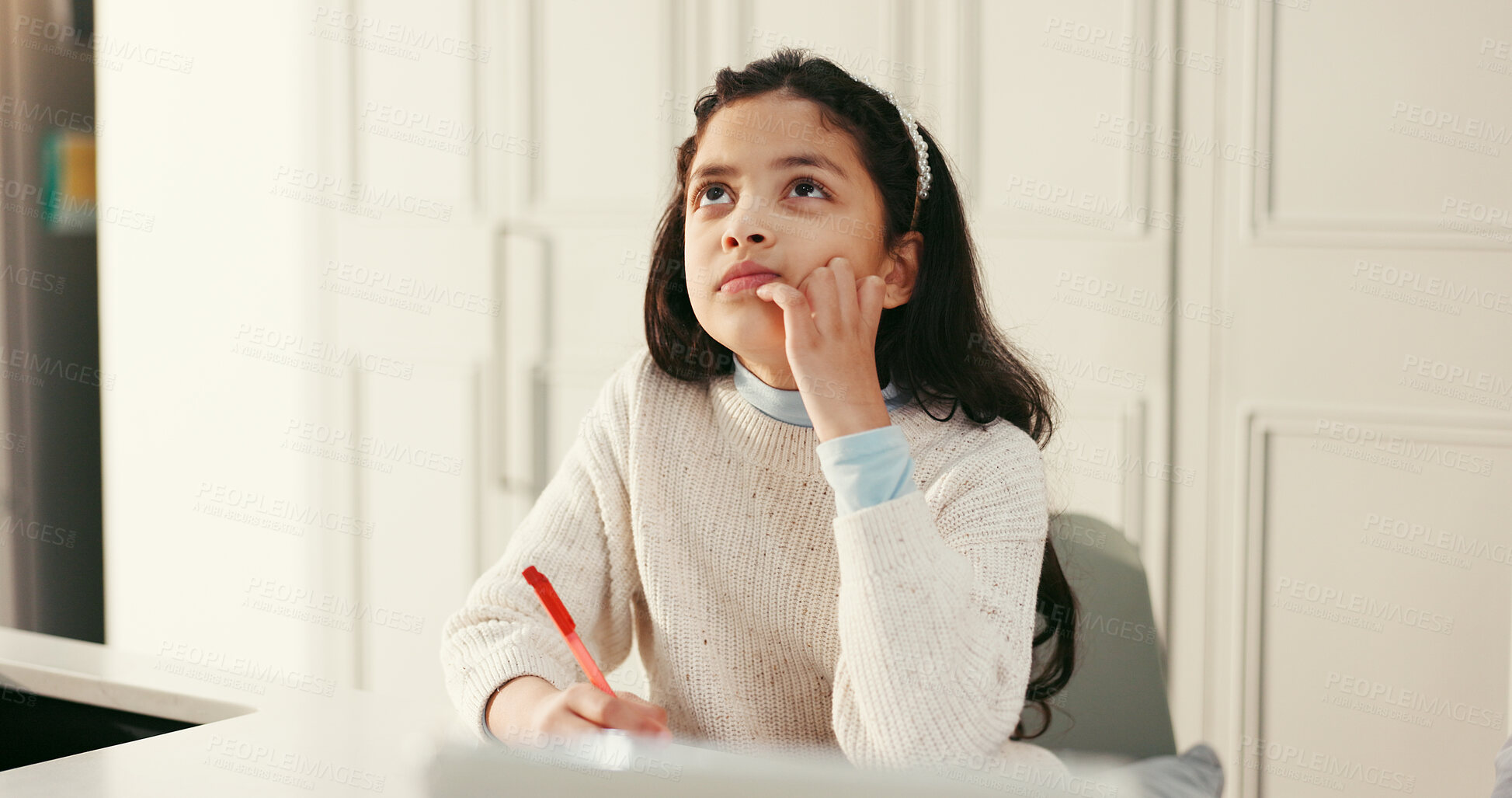 Buy stock photo Thinking, education and child with homework in house for learning, growth or development. Writing, knowledge and girl student with ideas for studying with school exam, test or assignment in apartment