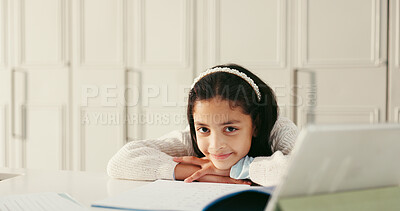 Buy stock photo Girl, smile and portrait with homework, tablet and book with notes, online course and education in home. Child, happy and pride with tech, learning and application for development at house in Italy