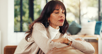 Buy stock photo Woman, rest and thinking on sofa in home for reflection, eyes closed and memory in living room. Person, tired and break on couch with insight, inspiration or perspective for decision at apartment