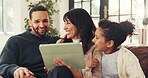Parents, girl and laugh with tablet on sofa, smile or love with funny film, bonding and streaming in lounge. Father, mother and daughter with joke, app and movies on couch at interracial family house