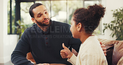 Buy stock photo Smile, father and child with thumbs up at house for love, agreement and motivation for parent. Happy, man and girl with hand gesture for vote, family support and okay for weekend break in living room