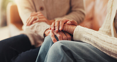 Buy stock photo Holding hands, love and mom with child on sofa for trust, emotional support and bonding together. Family, home and mother with girl in living room for empathy, connection and security in relationship