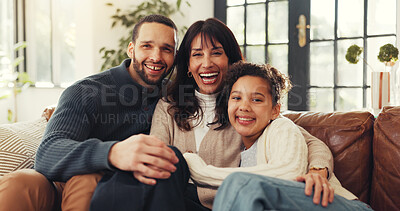 Buy stock photo Parents, girl and hug on sofa for portrait, happy and bonding with love in living room at family house. People, mother and daughter with father, smile and embrace with care on couch at apartment