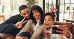 Parents, girl and selfie on sofa with funny face, smile and peace sign for memory in living room. People, photography and happy for profile picture, v and social media post at interracial family home