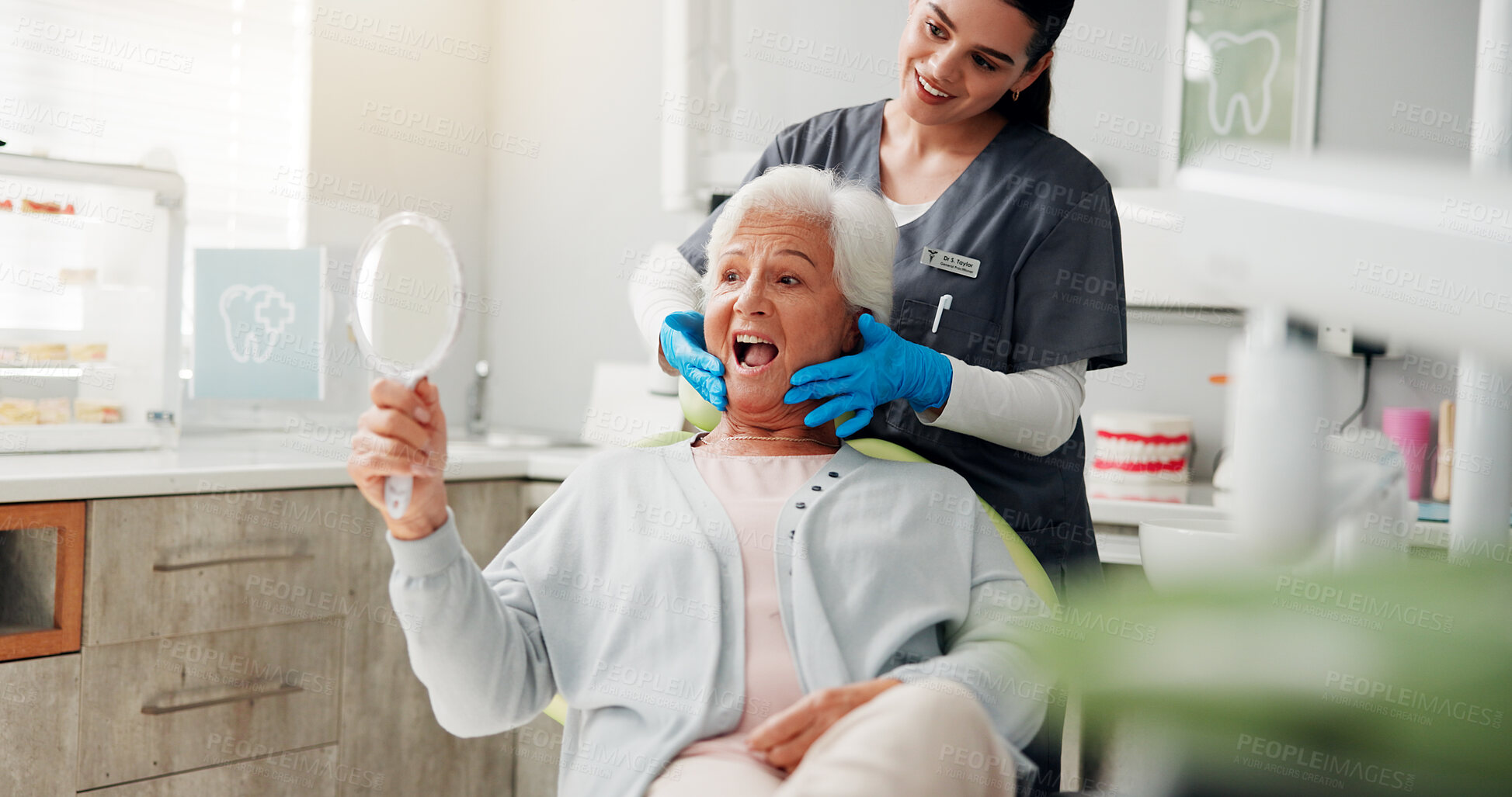 Buy stock photo Check, mirror and senior woman at dentist with teeth whitening results, dentures or oral hygiene. Healthcare, doctor and elderly patient in clinic for root canal treatment, dental implants or filling