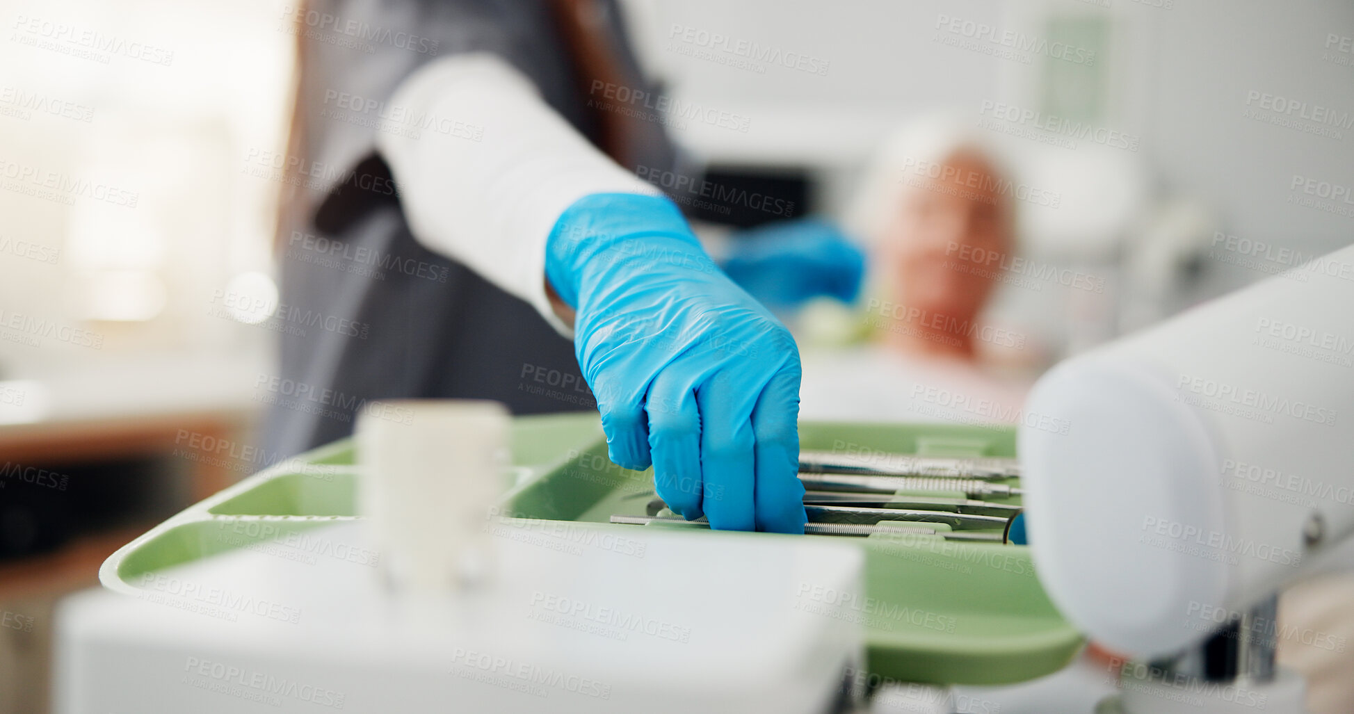 Buy stock photo Medical tools, dentist or hand in office with gloves, teeth whitening or healthcare assessment. Dental procedure, metal equipment and person in consultation for oral hygiene,  tooth care or treatment
