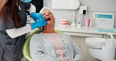 Buy stock photo Mirror, mouth and senior woman at dentist for tooth extraction, denture or oral hygiene with tools. Healthcare, chair and elderly patient in clinic for root canal treatment, dental implant or filling