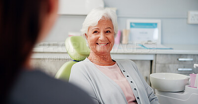 Buy stock photo Smile, dentist or senior woman in office with dentures, teeth or veneer implant results. Happy, patient or elderly person in appointment with doctor, dental procedure or treatment for oral health