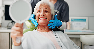 Buy stock photo Dentist, senior woman and happy with mirror for tooth cleaning results, dental implant or filling. Retirement, healthcare or doctor with elderly patient in clinic for dentures or root canal treatment