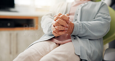Buy stock photo Woman, patient and hands nervous for dental surgery, tooth extraction or pain relief at clinic. Closeup, female person and waiting in anticipation with anxiety, stress for dentist appointment checkup