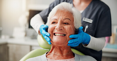 Buy stock photo Results, smile and senior woman at dentist for teeth whitening, dentures or oral hygiene. Healthcare, chair and happy elderly patient in clinic for root canal treatment, dental implants or filling