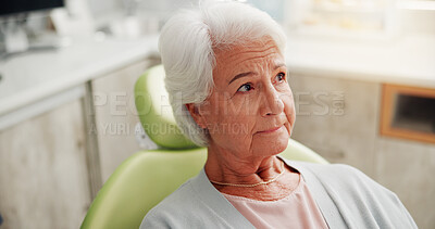 Buy stock photo Checkup, oral hygiene or senior woman in clinic with toothache, thinking or worry in consultation. Healthcare, patient or nervous in dentist office with thoughts, cosmetic or treatment in retirement.