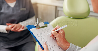 Buy stock photo Healthcare, consulting and clipboard with hands at dentist for patient information, oral hygiene and checklist. Dental treatment, medical service and writing with people in clinic for insurance form