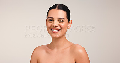 Buy stock photo Portrait, skincare and beauty with happy woman in studio for glow, shine or dermatology. Face, makeup and model with facial cosmetics for aesthetic, health or skin texture on white background space