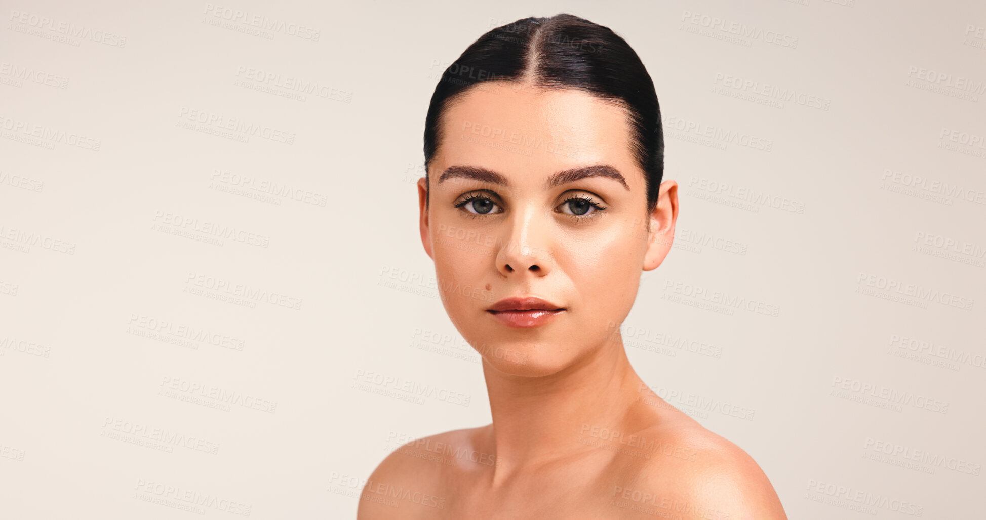 Buy stock photo Portrait, woman and serious for skincare in studio, mockup space and pride for healthy skin or glow. White background, hydration and person with soft face, wellness and natural cosmetics in Canada