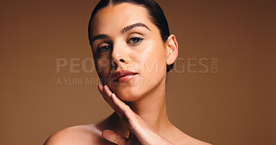 Buy stock photo Glow, portrait and woman with healthy skin, studio and wellness with self care, beauty and skincare. Background, person and hydration for smooth face with cosmetics, mockup space or shine in Canada