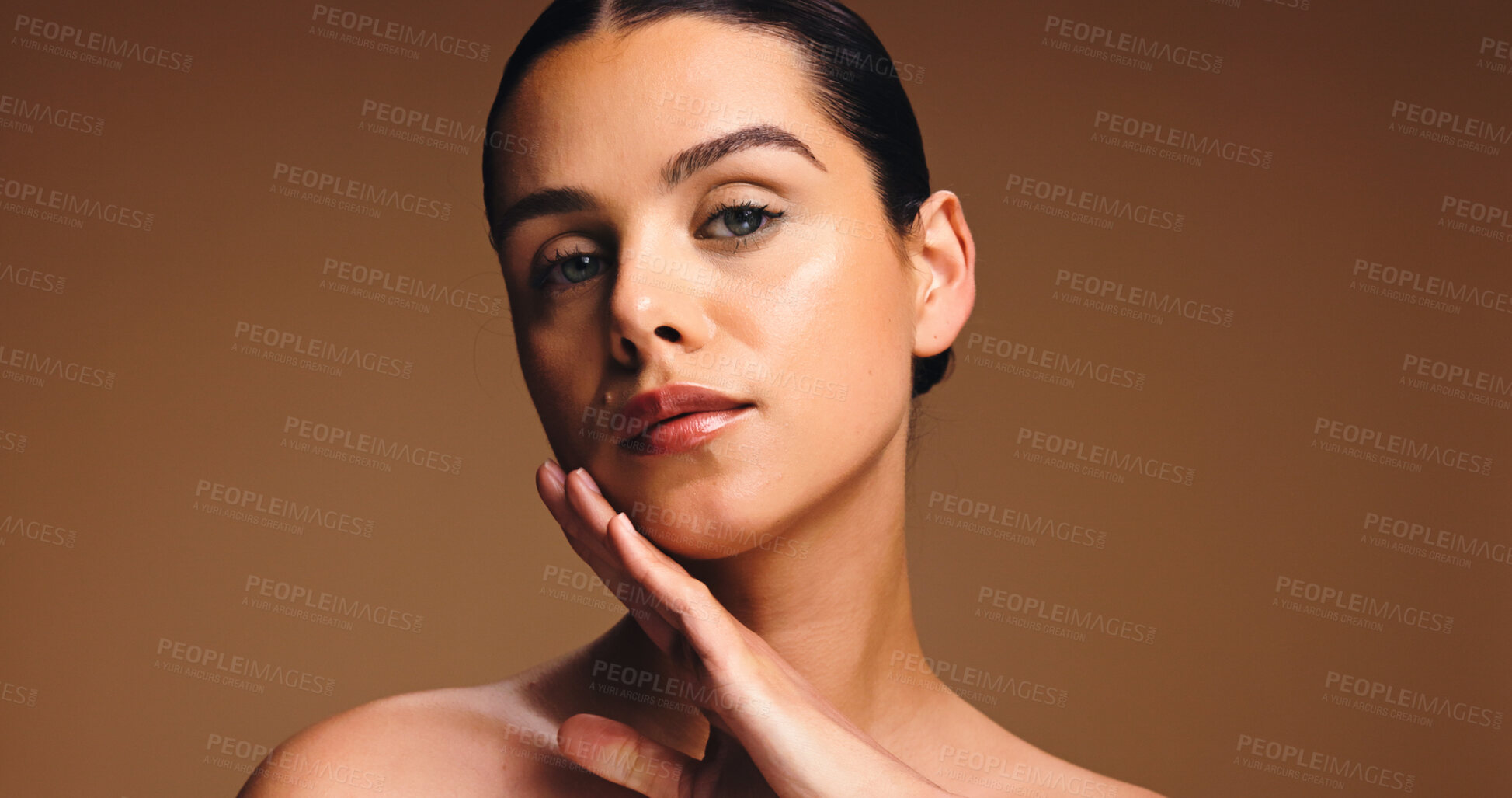 Buy stock photo Glow, portrait and woman with healthy skin, studio and wellness with self care, beauty and skincare. Background, person and hydration for smooth face with cosmetics, mockup space or shine in Canada