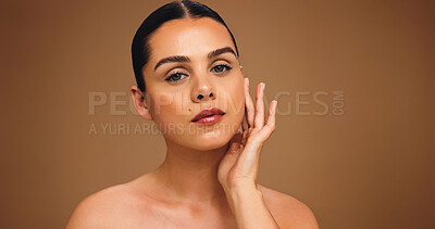 Buy stock photo Skincare, portrait and woman with lipstick, studio or wellness with self care, beauty and hydration. Background, person and makeup for face, color and dermatology for healthy skin and mockup space