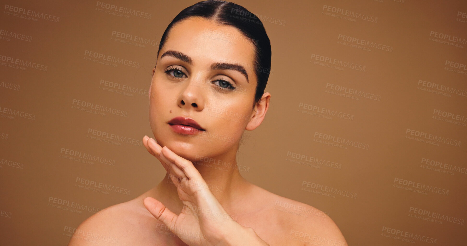 Buy stock photo Beauty, portrait and woman with lipstick, studio or wellness with self care, skincare and hydration. Background, person and makeup for face, color and dermatology for healthy skin and mockup space