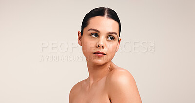 Buy stock photo Thinking, woman and ideas for skincare in studio with reflection, cosmetics decision and natural glow. Vision, person and mockup space for healthy skin, facial shine and treatment on white background