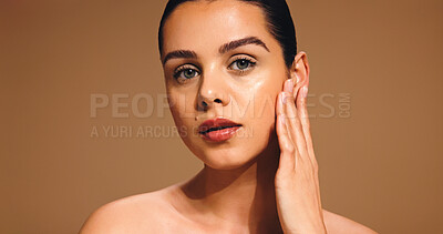 Buy stock photo Skincare, portrait or woman with smooth skin, studio and wellness with self care, beauty or pride. Serious, person or hydration on brown background with cosmetics, confident or shine with dermatology