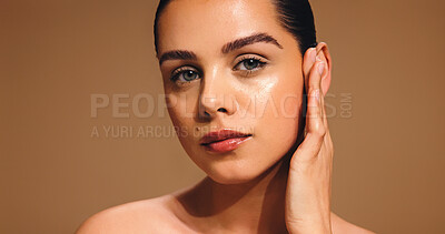 Buy stock photo Skincare, portrait and woman with glow, studio and wellness with self care, beauty and healthy skin. Confident, person and hydration for smooth face with cosmetics, serious or shine with dermatology