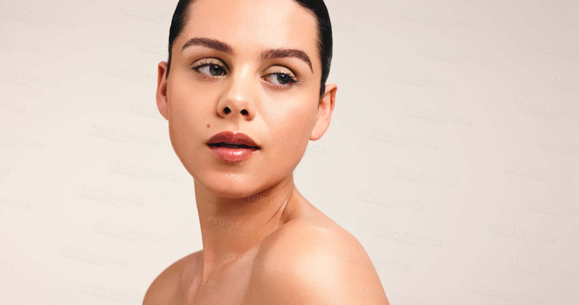 Buy stock photo Beauty, cosmetics and thinking with woman on studio space for collagen, hydration or vitamin c. Aesthetic, facial and skincare with thoughtful model isolated on white background for dermatology