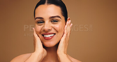 Buy stock photo Portrait, skincare and beauty of woman with a smile on brown background for cosmetics and dermatology. Firming, brightening and radiant face of female model in studio with mockup, space and facial