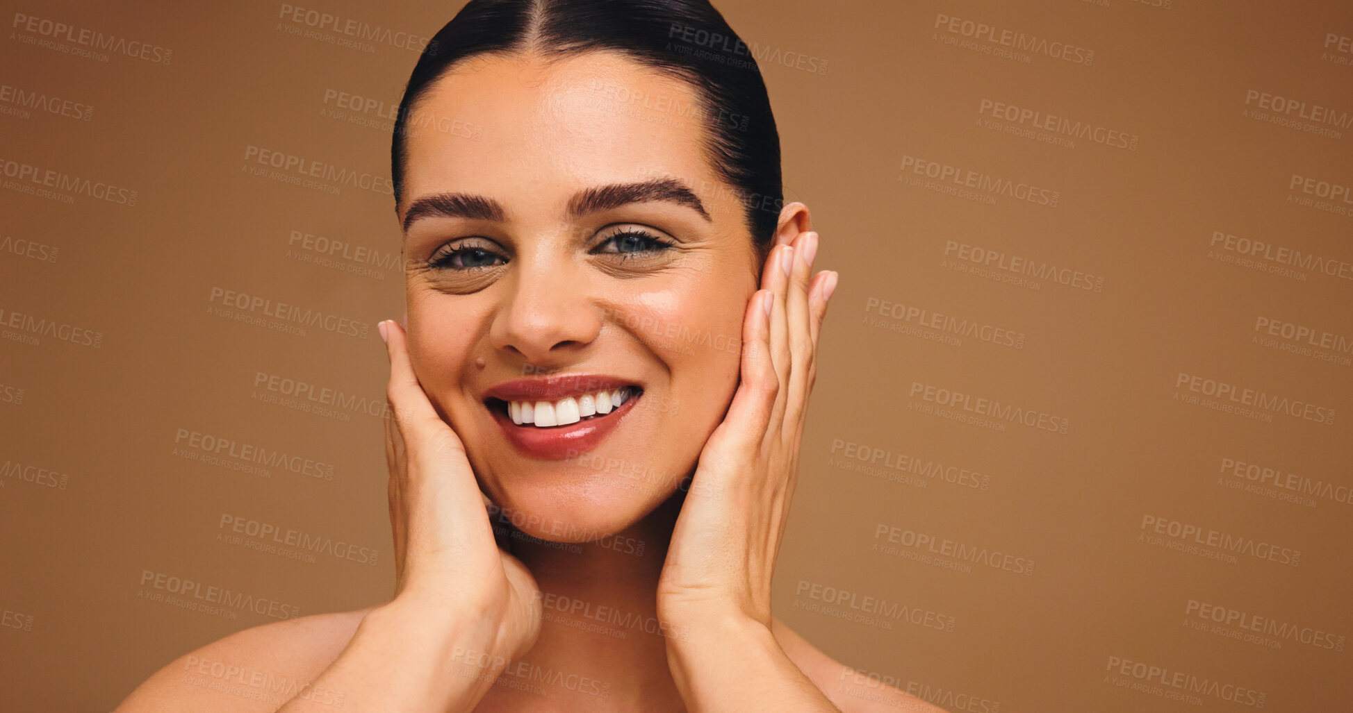 Buy stock photo Portrait, skincare and beauty of woman with a smile on brown background for cosmetics and dermatology. Firming, brightening and radiant face of female model in studio with mockup, space and facial