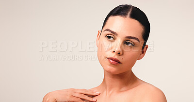 Buy stock photo Beauty, skincare and thinking with woman in studio for self care, reflection and glow. Perspective, shine and dermatology with person on white background for vision, collagen and mockup space