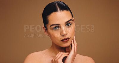 Buy stock photo Confident, portrait and woman with lipstick, studio or wellness with self care, skincare and beauty. Serious, person and makeup for lips, hydration and dermatology for healthy skin and mockup space