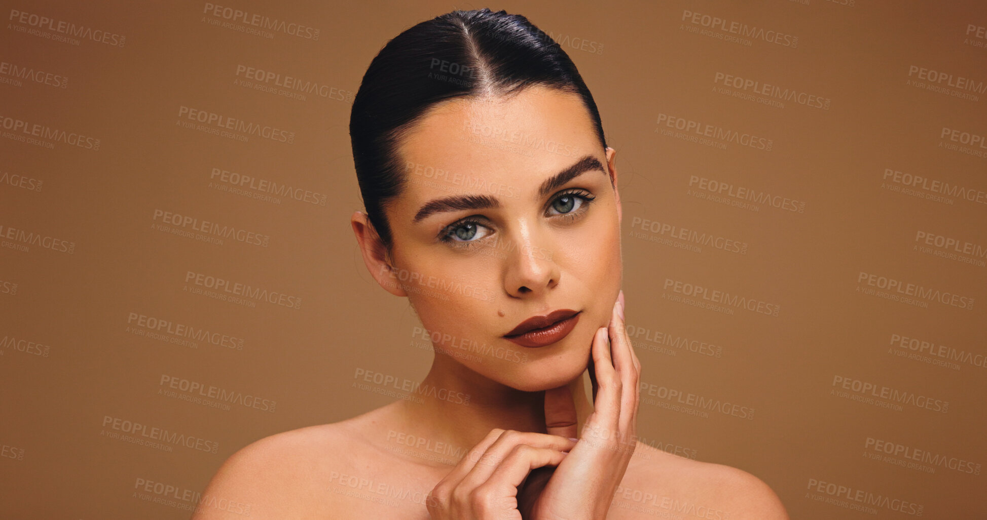 Buy stock photo Confident, portrait and woman with lipstick, studio or wellness with self care, skincare and beauty. Serious, person and makeup for lips, hydration and dermatology for healthy skin and mockup space