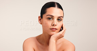 Buy stock photo Portrait, woman and pride for self care in studio, serious or skincare for healthy skin or hydration. White background, beauty and person with soft face, wellness and natural cosmetics in Canada