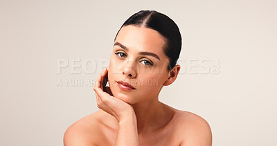 Buy stock photo Skincare, natural and portrait of woman in studio with beauty, cosmetic and facial glow. Health, mockup space and face of female person from Brazil with dermatology for wellness on white background.